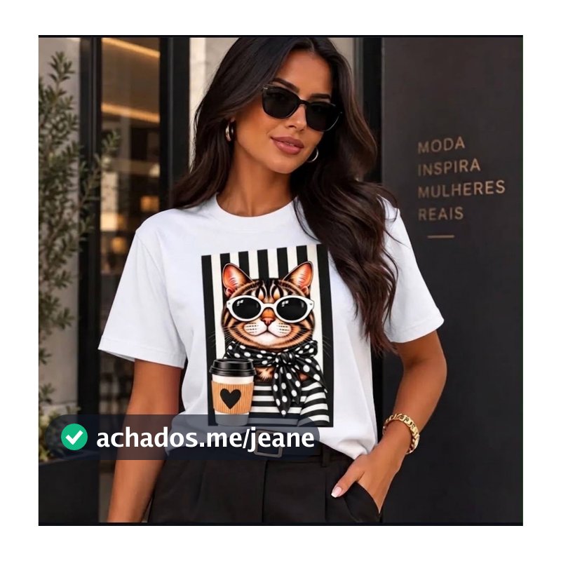 Camiseta Feminina Estampada Gatinho Copo de Café T-Shirt 100% Algodão Blusa Básica Camisa Casual Manga Curta Verão