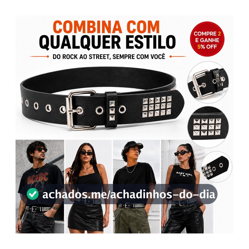 Cinto Punk Feminino Preto com Rebites Quadrados para Calça Jeans Vestido e Shorts