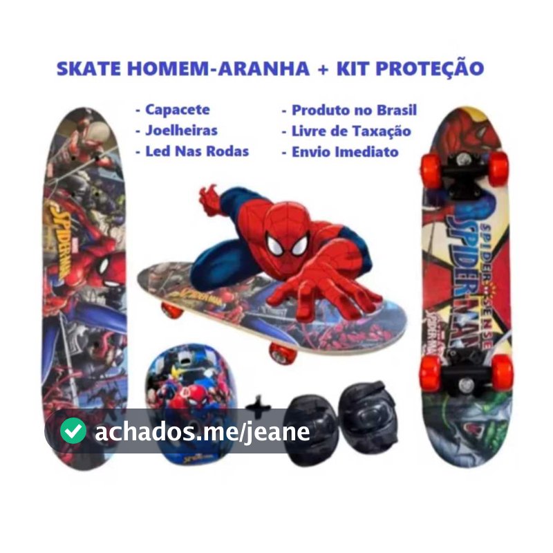 Skate Infantil Radical Antiderrapante Homem Aranha Com Kit Segurança Menino e Menina 60CM Promoção