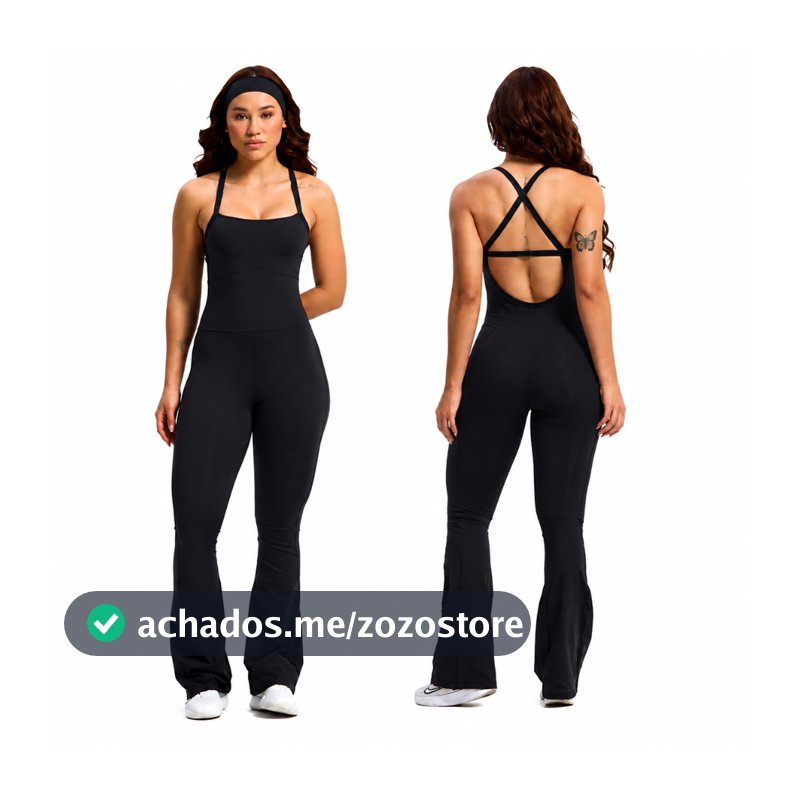 Macacão Feminino Fitness Flare Preto com Alças Cruzadas nas Costas Academia e Casual