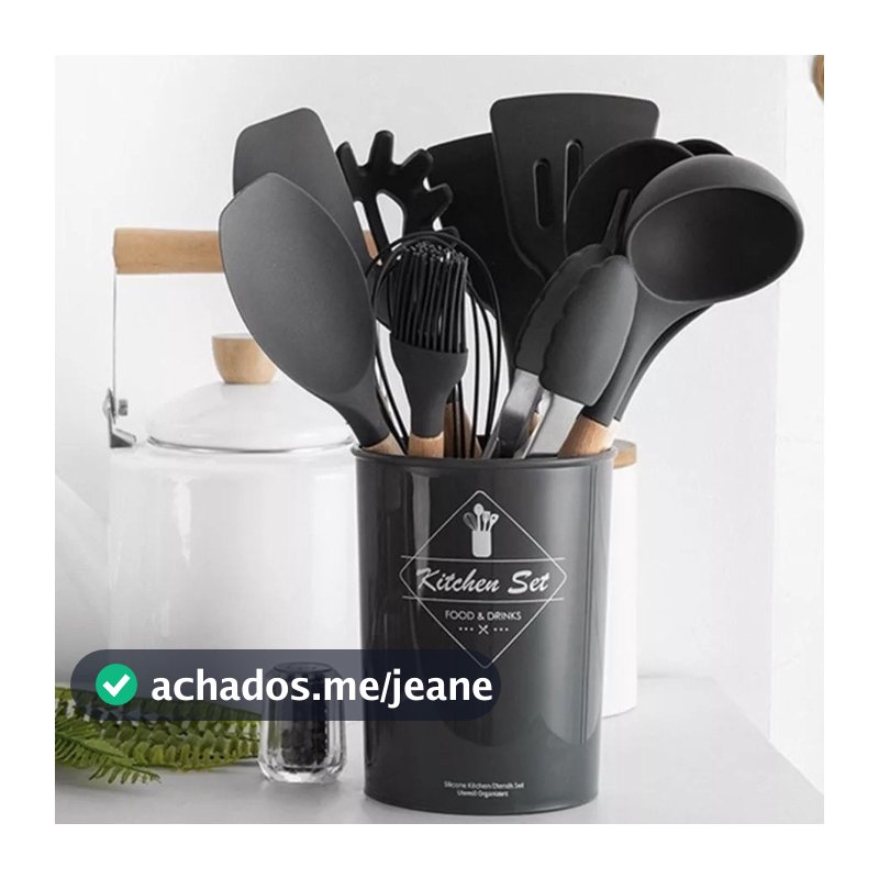 Jogo de Cozinha Kit C/12 Peças de Silicone, Utensílios e Copo Suporte para Cozinha Cabo de Madeira