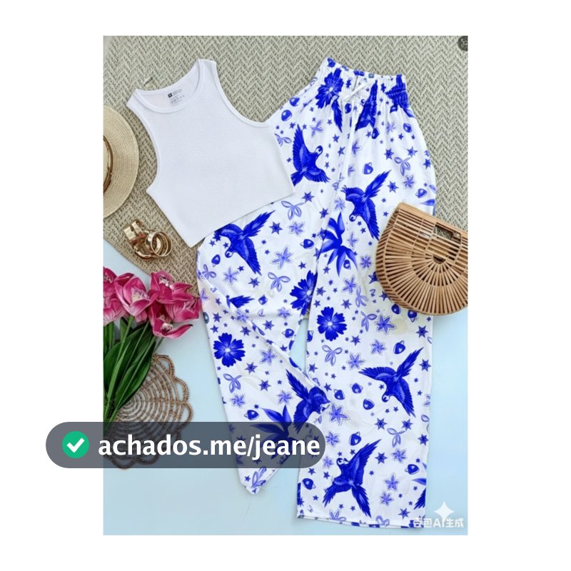 2 Peças Calça de Cintura Alta e Perna Larga Estampada,  e Top Regata Conjunto Elegante Look Feminino