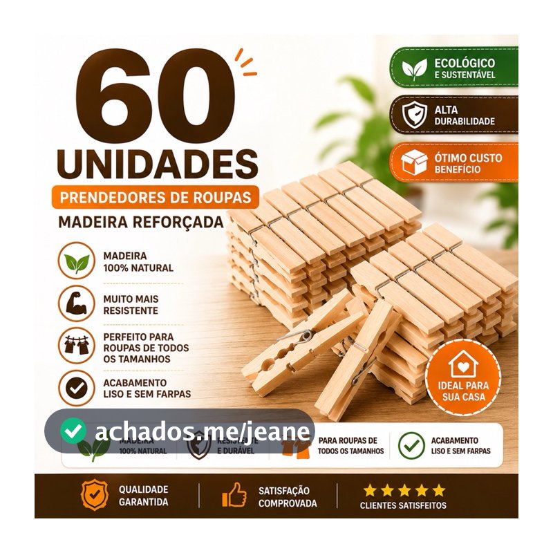 Kit 12 a 60 unidades Prendedor Pregador de Roupas Madeira Reforçado – Varal