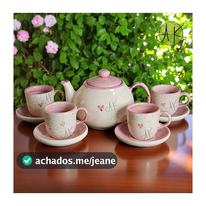 Kit Jogo de Chá Café 4 Unid. Xícara 70ml + Bule 700ml ou Chaleira 1,2L Cerâmica Cantinho do Café Decoração Pintado à Mão