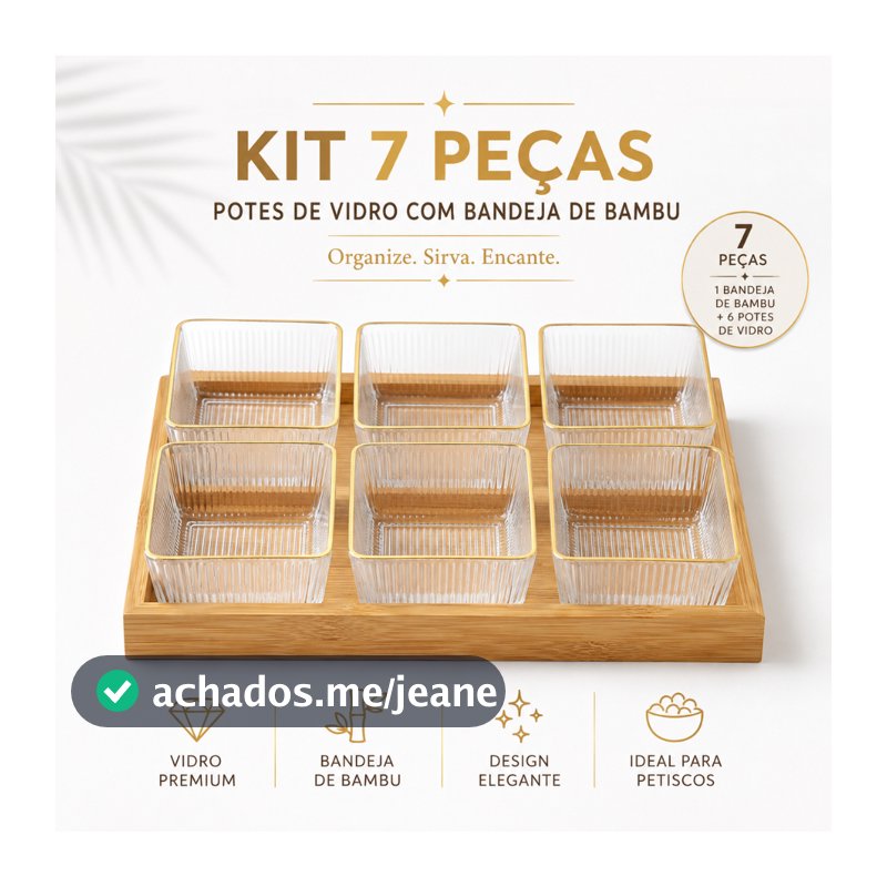 Petisqueira de Vidro 7 Peças com Bandeja de Bambu e Borda Dourada para Mesa Posta