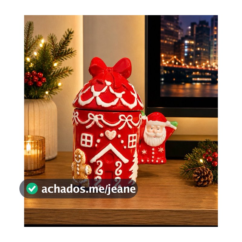 Pote Decorativo Casa de Natal em Cerâmica – Tampa com Laço | Decoração Natalina