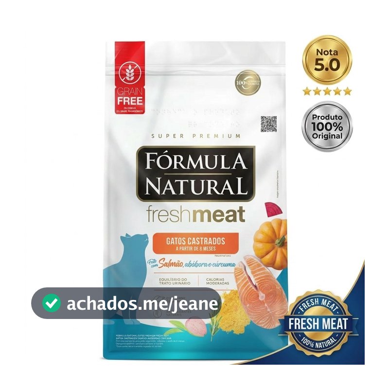 Ração Formula Natural Fresh Meat Gatos Castrados Salmão 1kg Grain Free Saúde Urinária Super Premium
