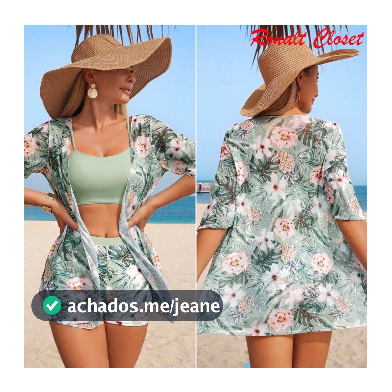 3 Peças Bikini Sets Conjunto De Maiô Biquínie Feminino Cordão Estampa Com Praia Kimono