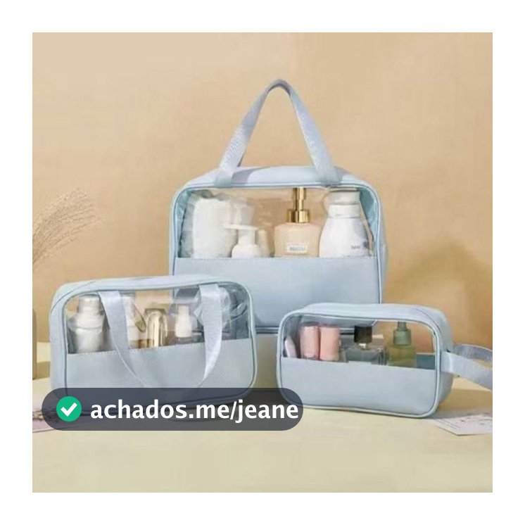 Kit 3 Necessaires Transparentes para Viagem - Organize Cosméticos e Produtos de Higiene Pessoal