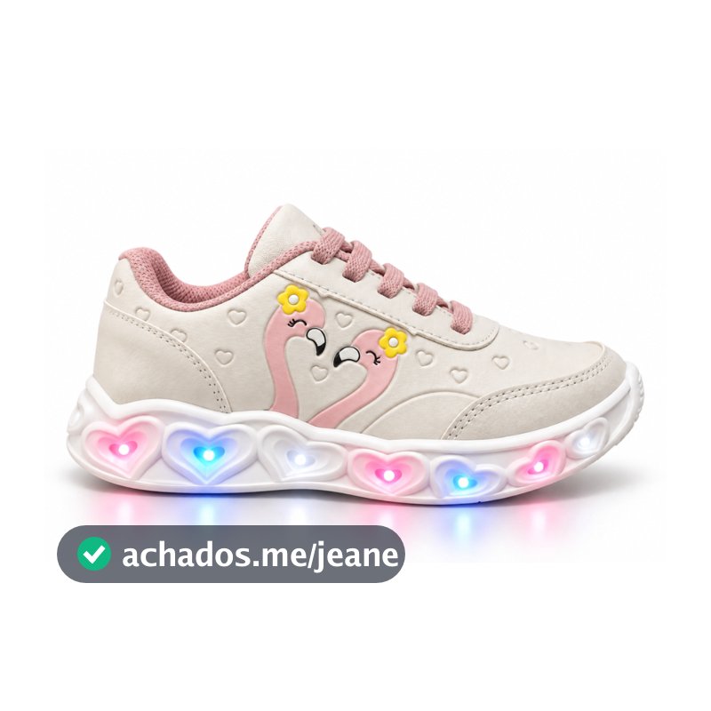 Tênis Infantil com LED Feminino Rosa Flamingo Solado Coração Confortável Macio