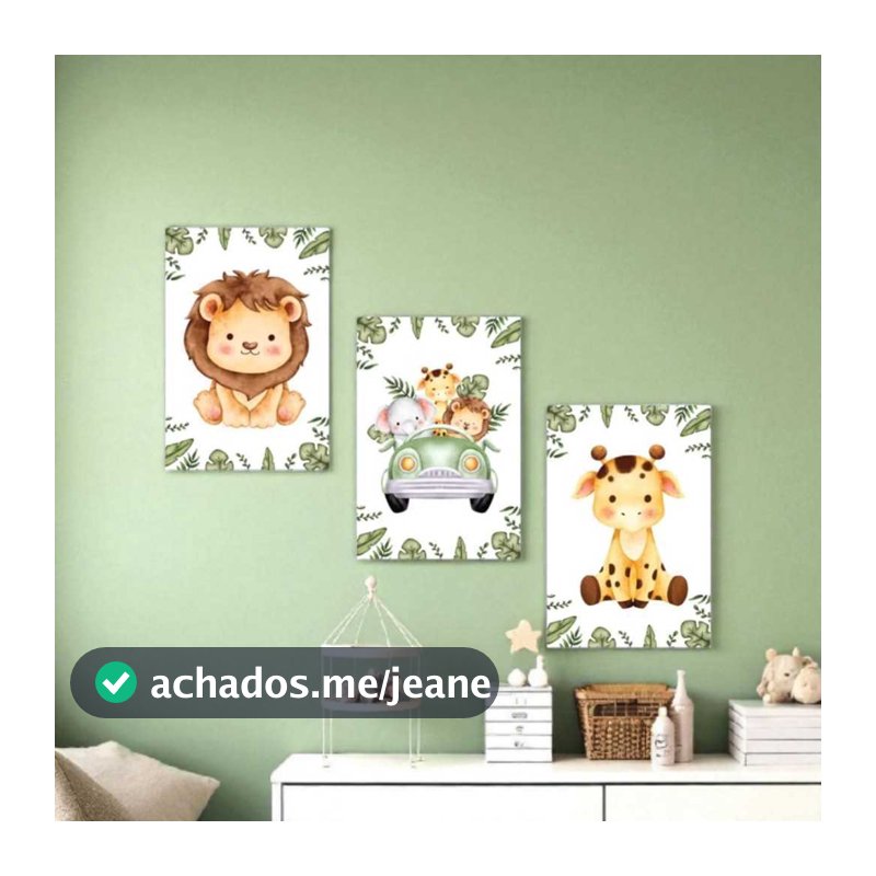 Kit 3 Quadros Decorativos Safari Infantil Menino Fofo para Quarto Baby Infantil Simples