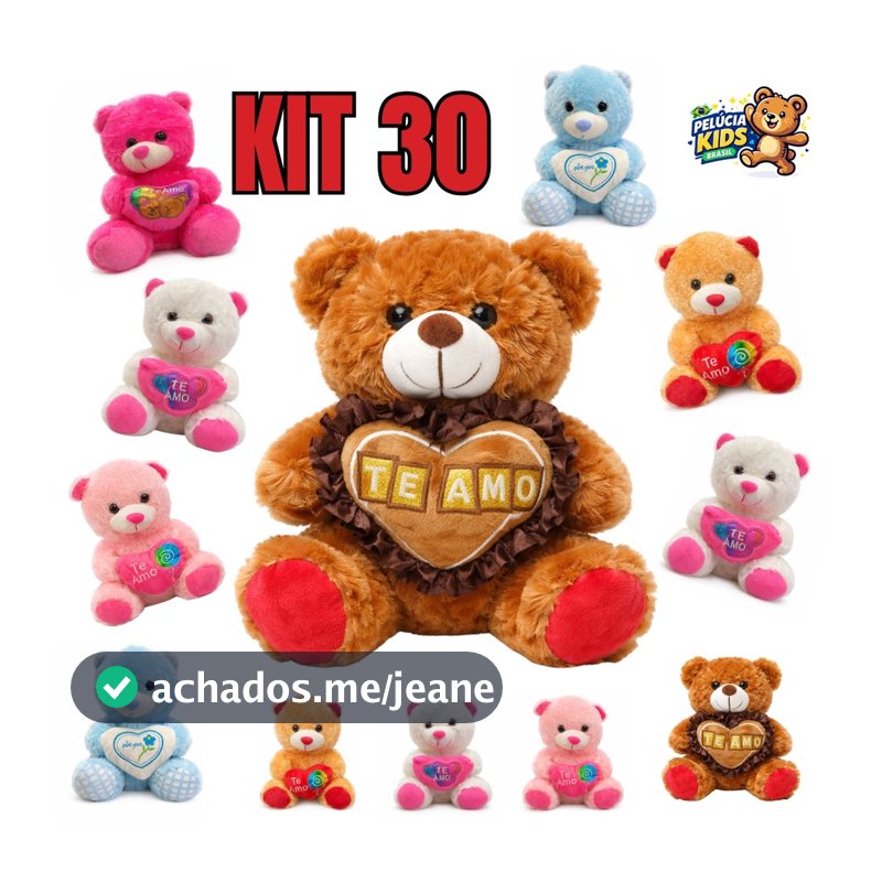 Kit 30 Ursinhos de Pelúcia 21cm Love Sortidos com Zíper