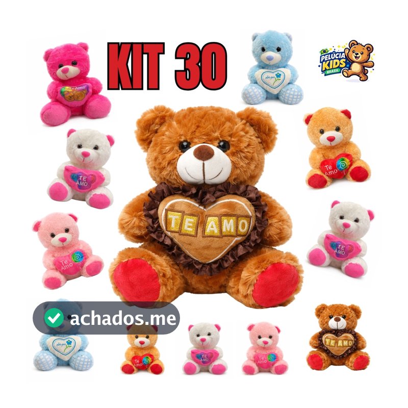 Kit 30 Ursinhos de Pelúcia 21cm Love Sortidos com Zíper