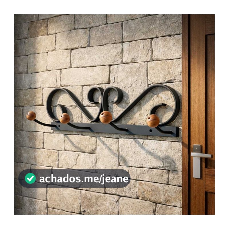 Cabideiro de Parede 4 Ganchos com Ponteiras de madeira - Cabide 4 Ganchos Artesanal | Metal