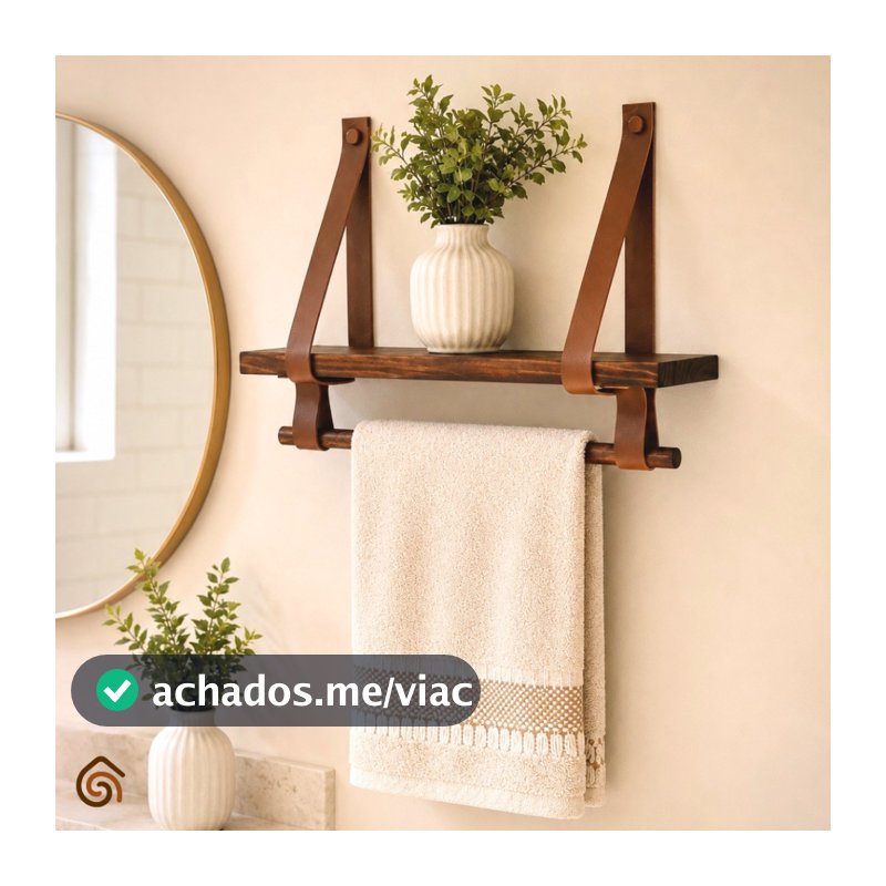 Prateleira Suporte Para Toalha Madeira Envernizada e Couro Decoração Banheiro Rústico | Casa Madêco