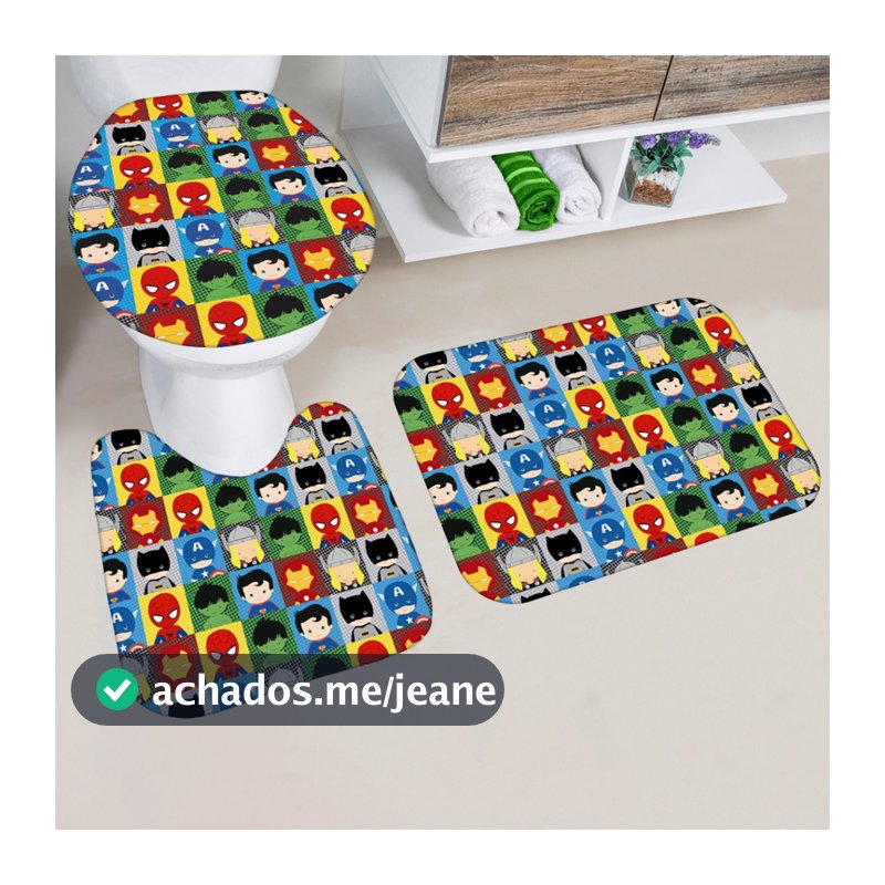 kit 3 pçs Tapetes Emborrachados para Banheiro Infantil Estampa Mini Heróis Baby
