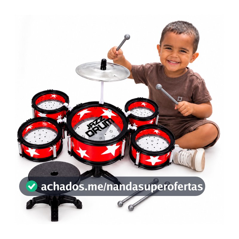 Brinquedo Bateria Infantil Instrumento Musical Baqueta e Banquinho 5 Tambor Mini Bateria Infantil