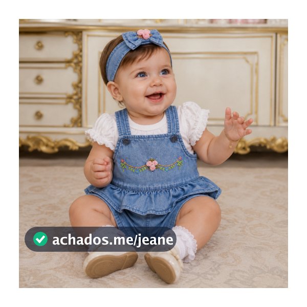 Roupa de bebe -Jardineira Jeans com Bordado de Flores e strass + Blusa – Brokinha | Bebê Menina | 2 Peças Ref 4445