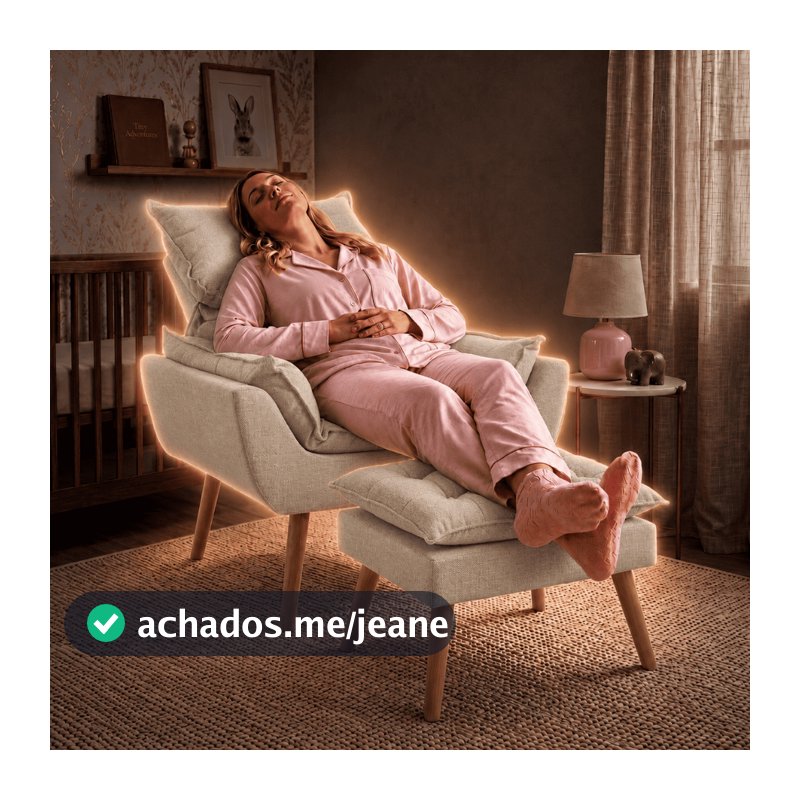 Kit Poltrona Amamentação Reclinável com Puff Mamãe Descanso no Quarto e Sala Pé Palito Zeus Linho