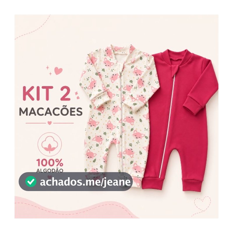 Kit 2 Macacões Bebê 100% Algodão ( Suedine) Estampa Bichinhos e Liso - Com Zíper Menina/Menino- Rn/P/M/G
