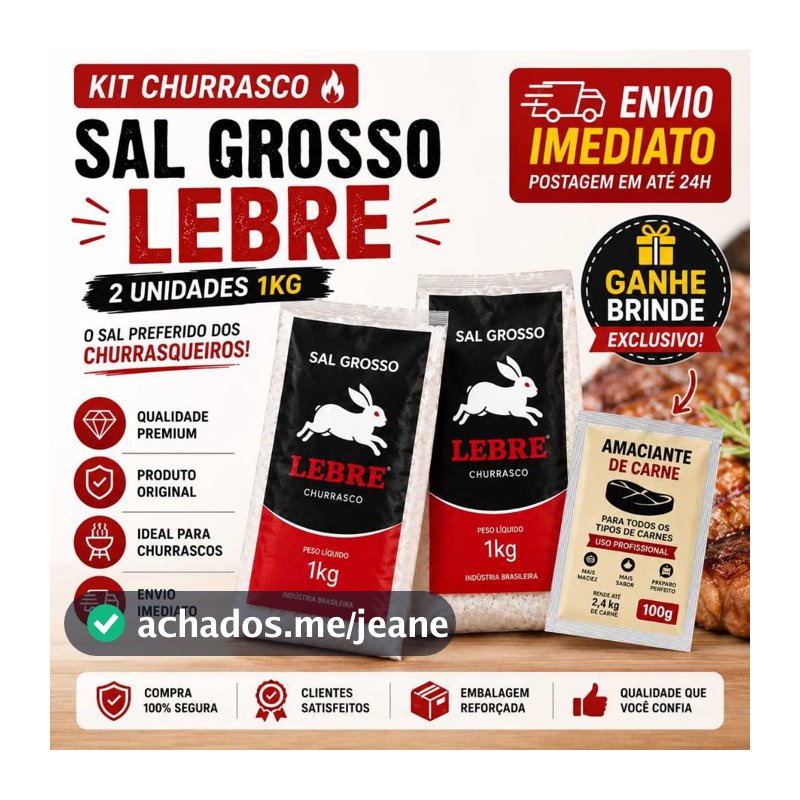 Kit 2 Sal Grosso para Churrasco Lebre 1kg cada Validade Longa + Brinde Amacinte de Carne