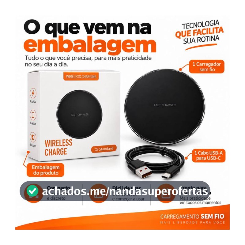 Carregador Sem Fio Qi Fast Charger com Cabo USB, Base de Carregamento Wireless para Celular