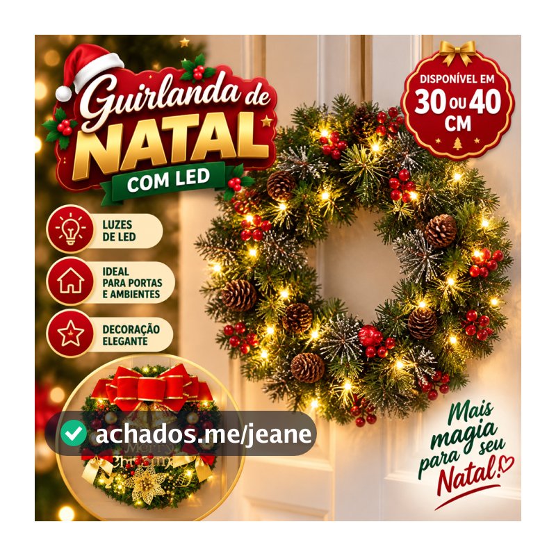 Guirlanda Natalina De Luxo Natal 30/40cm LED Decoração para Porta Parede Enfeite Natalino Luxo