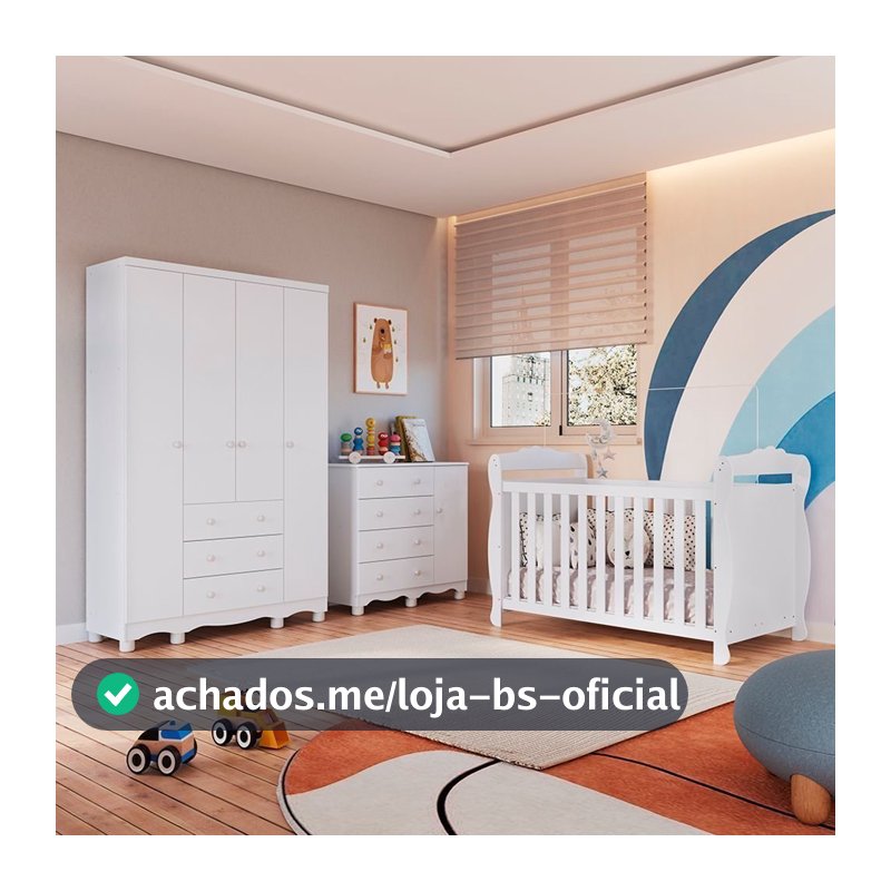 Quarto de Bebê Completo Berço 3 em 1, Cômoda e Guarda Roupa 100% MDF Nina Espresso Móveis Branco Branco Brilho