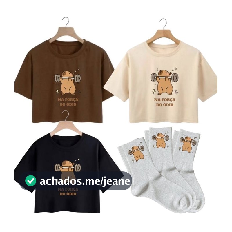 Kit 3 Cropped Feminino Algodão + 3 Meias Estampadas Confortáveis Capivara Lançamento Academia