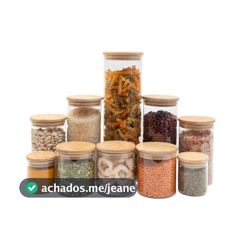 kit com 10 potes de vidro tampa de bambu hermético redondo mantimento - Oikos