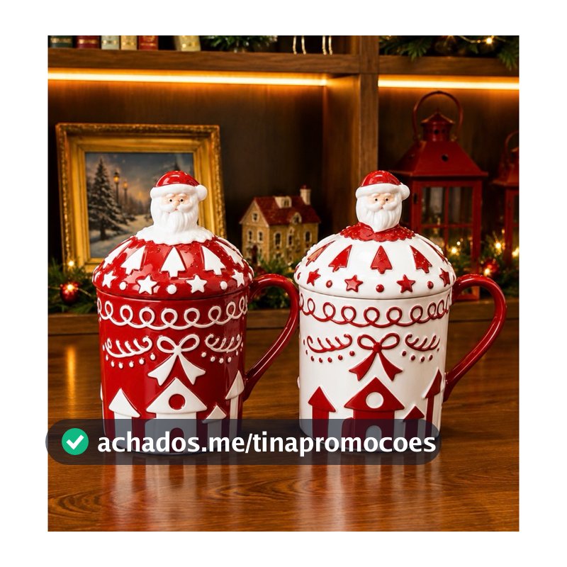 Caneca Natalina de Cerâmica, Modelo do Papai Noel com Tampa Decorativa