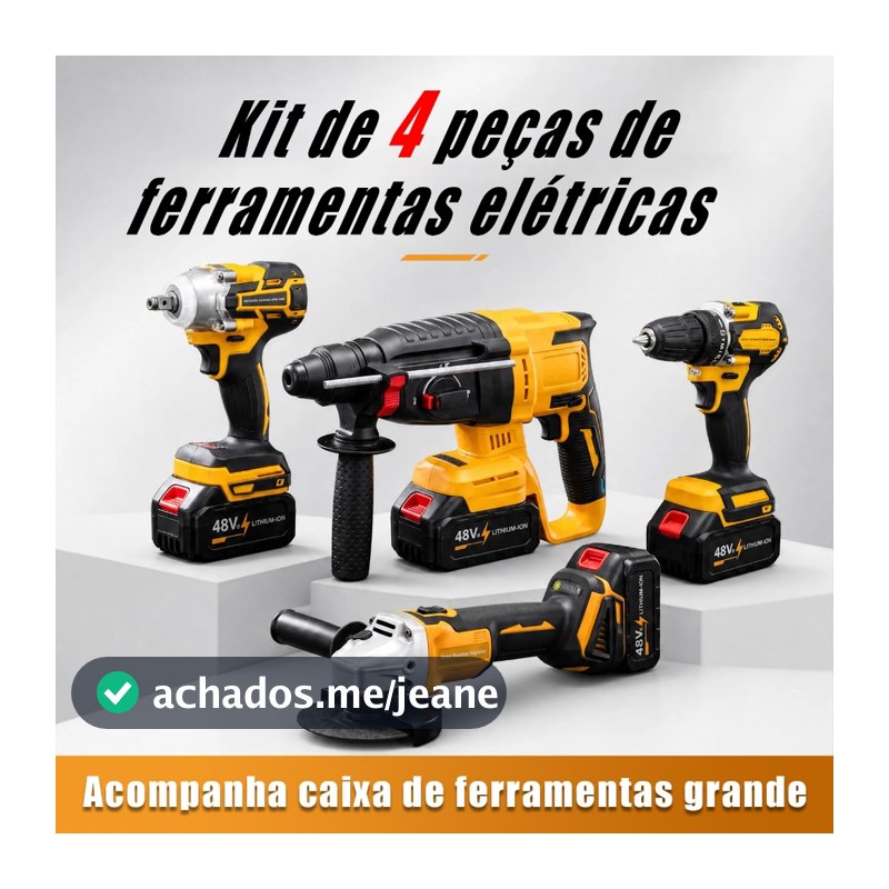 Kit 4 em 1 Ferramentas Elétricas Sem Escova 48V, Furadeira, Martelete, Esmerilhadeira Angular, Opção com 2 ou 4 Baterias