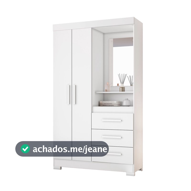 Guarda-Roupa Closet Roupeiro de Solteiro com Espelho 6020 2 Portas e 3 Gavetas Compacto Branco Com Rosa - Notavel