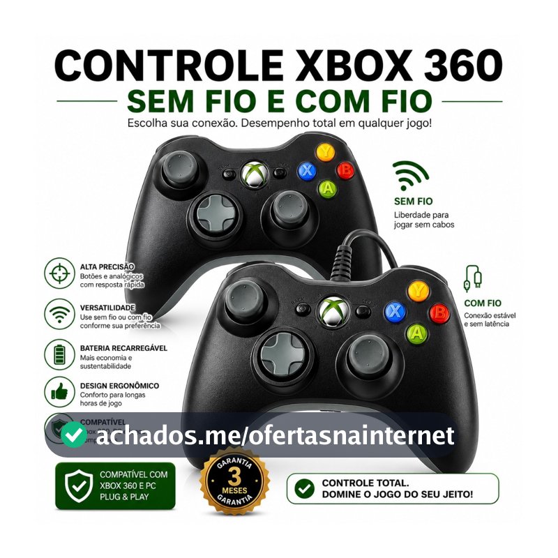 Controle Xbox 360 Sem Fio e Com Fio Preto Wireless Joystick Para Computador Ps3 e Android