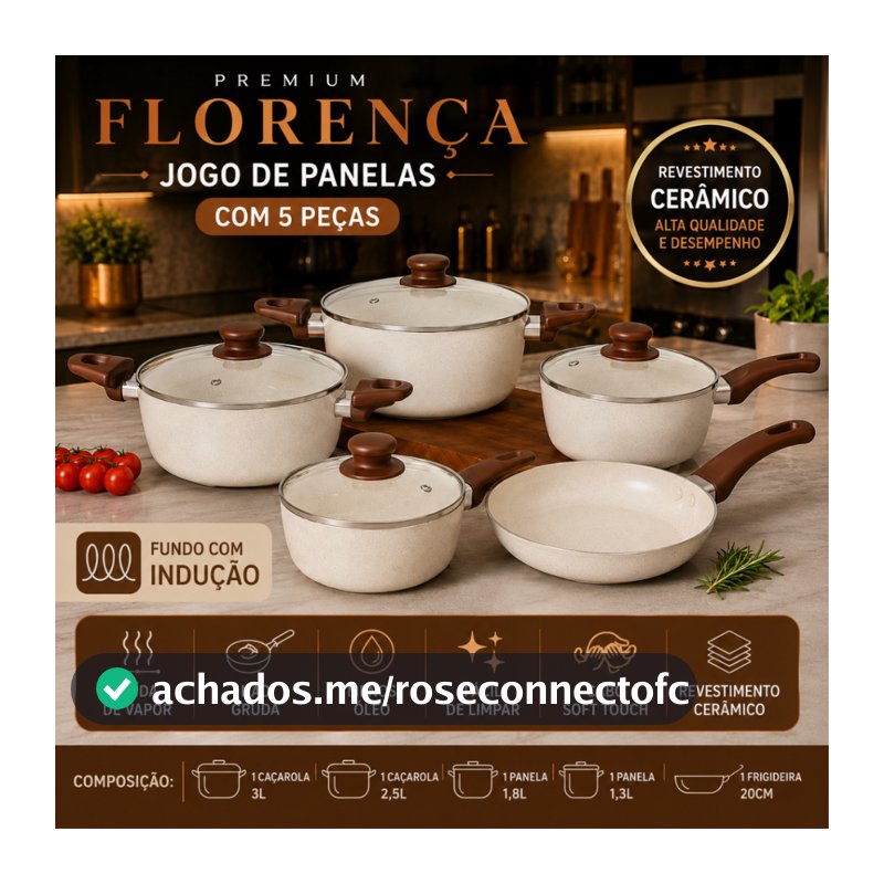Conjunto de Panelas Florença Vanilla 5 Peças Antiaderente com Tampa de Vidro Indução Cozinha
