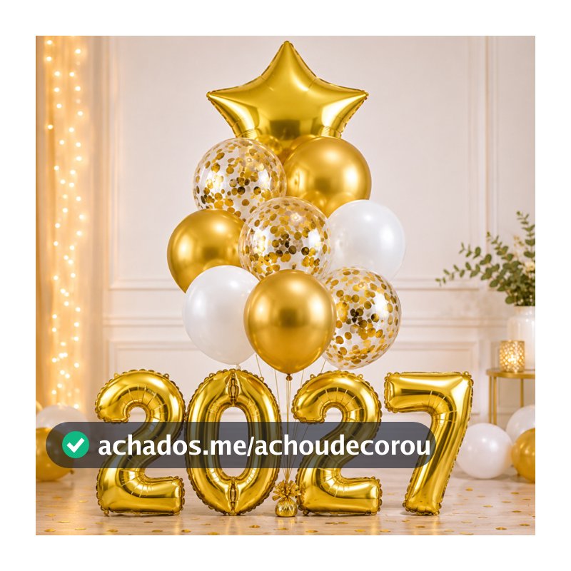Kit Balão Buque 9 Peças + Balão Numero Metalizado 2027 Ano Novo Reveillon