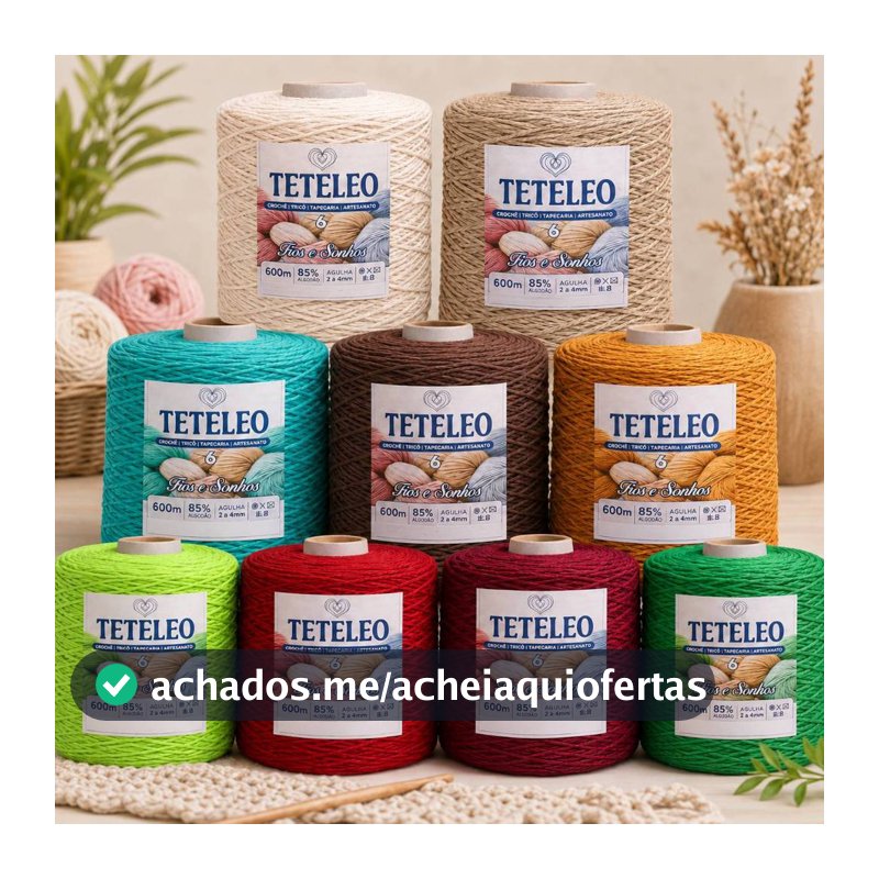 Barbante TETELEO Nº 6 600 Metros | 85% Algodão Premium | Antialérgico | Sem Poeira | Ideal para Crochê, Tricô, Tapeçaria