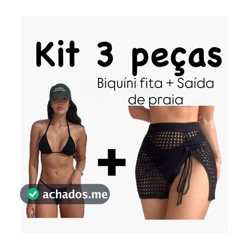 kit 3 peças saída de praia + biquíni fita feminino conjunto praia saia saída de tricot vazada piscina férias sol bronze
