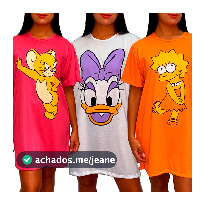 Camisola Camisão de Personagem Feminino Desenhos Divertidos Manga Curta Adulto em Malha