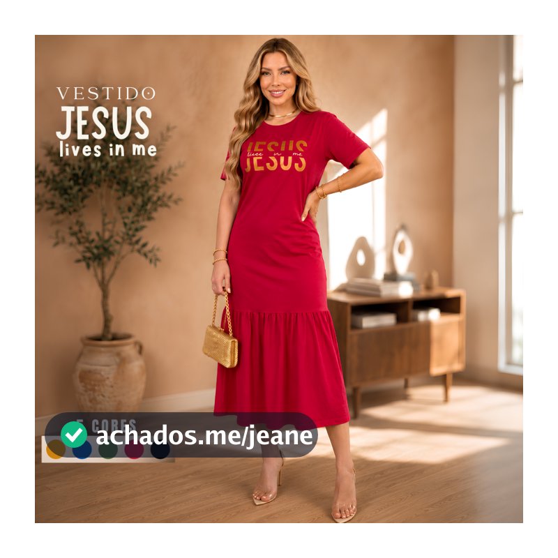 Vestido Midi Moda Evangélica Babado Elegante para Mulheres Cristãs Estampa Jesus