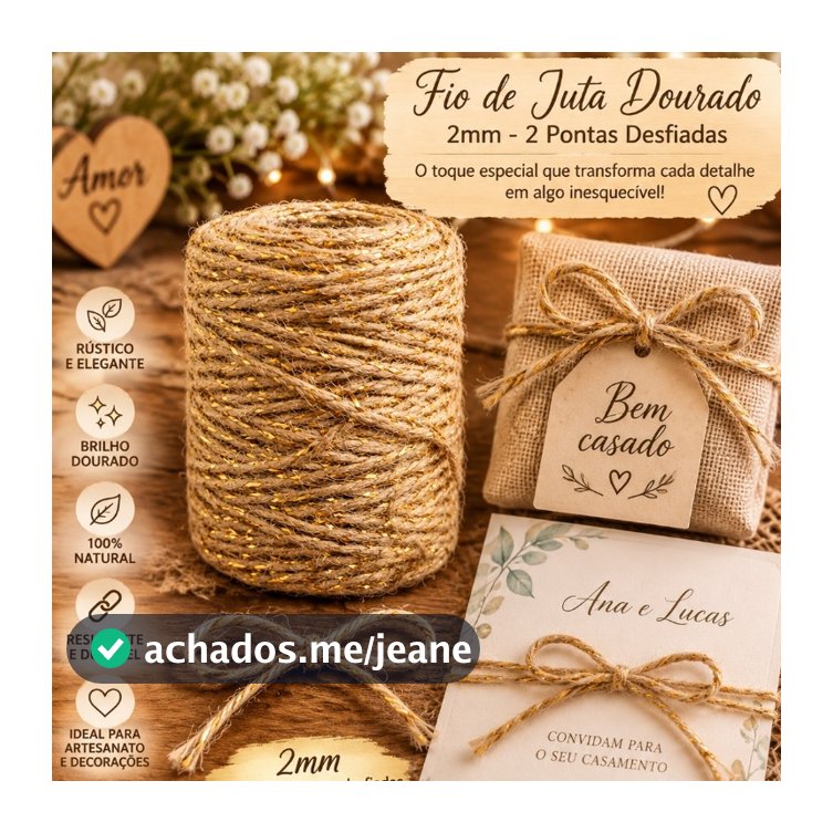 Fio de Juta com Lurex Dourado 2mm – 2 Cabos – Ideal para Casamentos, Artesanato e Decoração