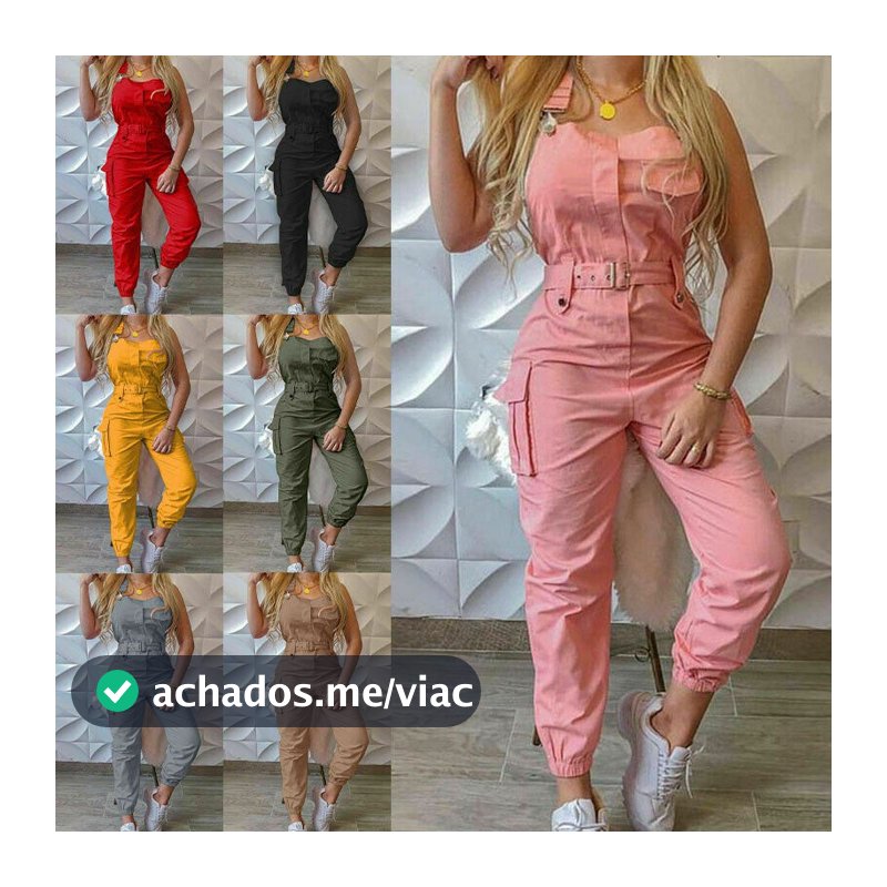 Macacão macaquinho jardineira de carga longo feminino com bolsos no cinto e alça de ombro amarrada no tornozelo