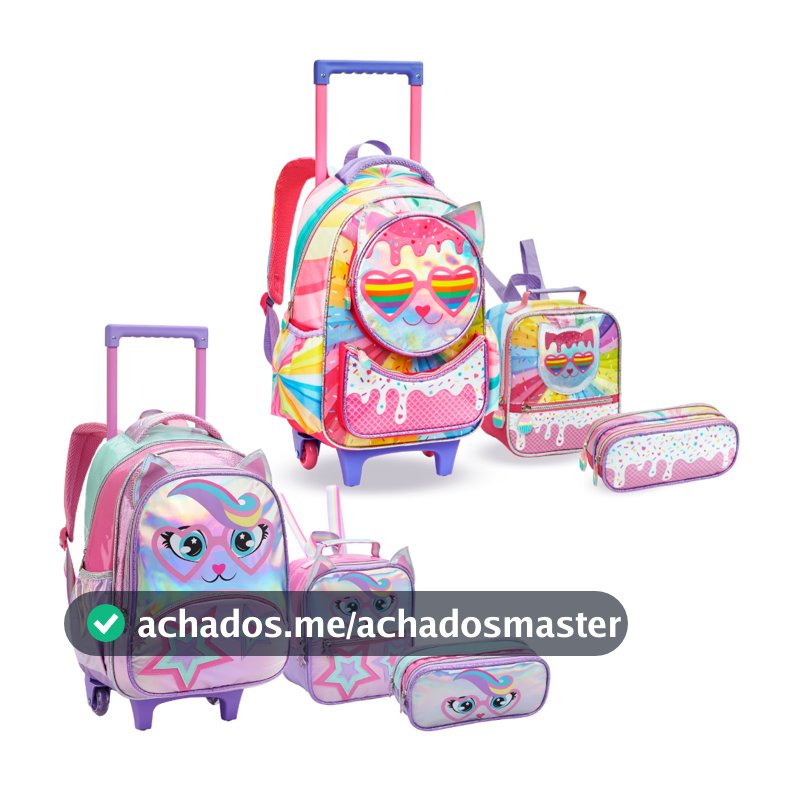 Kit Mochila Infantil Menina Escola De Rodinha Feminina Gatinha Arco Íris Lancheira Térmica e Estojo