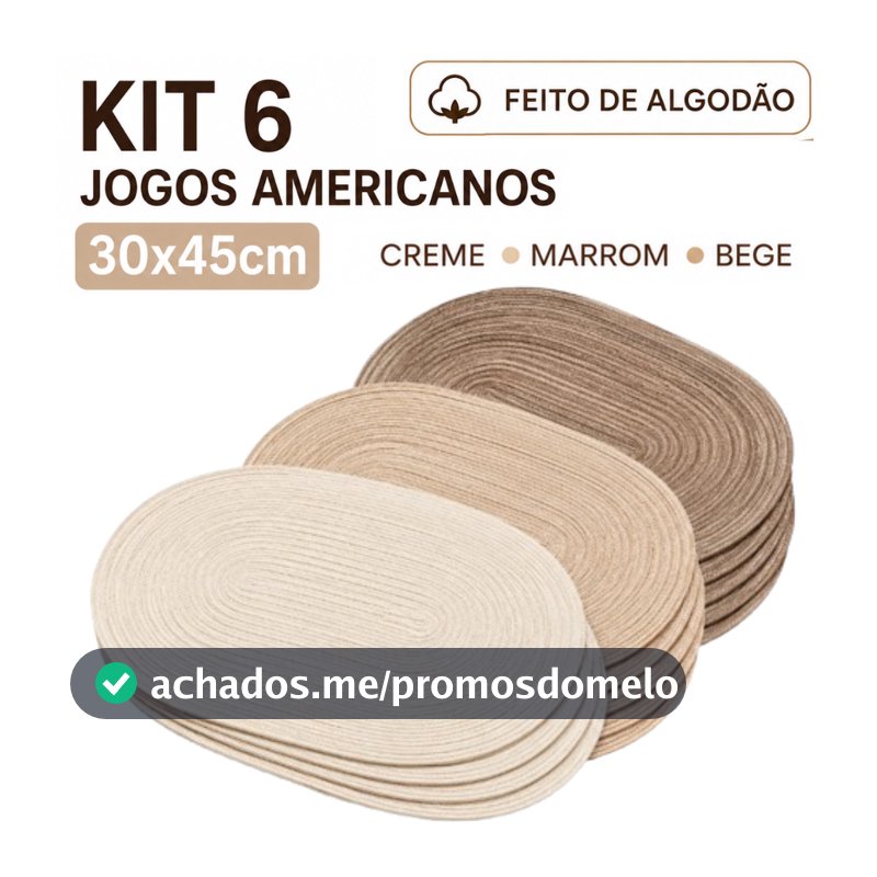 Conjunto 6 Peças Jogo Americano 45X30CM Pratico Para Mesa Oval Algodão Descanso Para Pratos