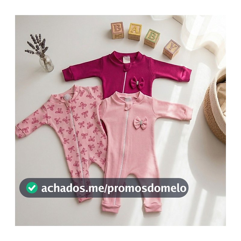 Macacão de  Zíper  Bebe Menina 03 Peças Algodão moda bebê feminina rosa pink roupas de bebê