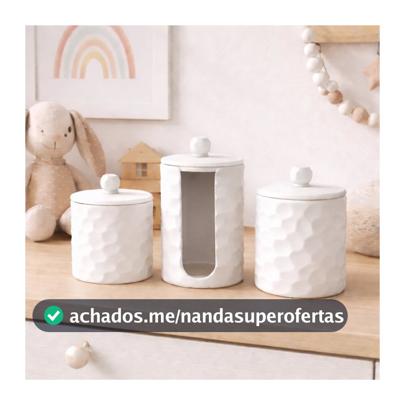 Kit Higiene Bebê Criança Luxo 3 Peças Porta Algodão Cotonete e Laços Maquiagem Organizador Decorativo Infantil