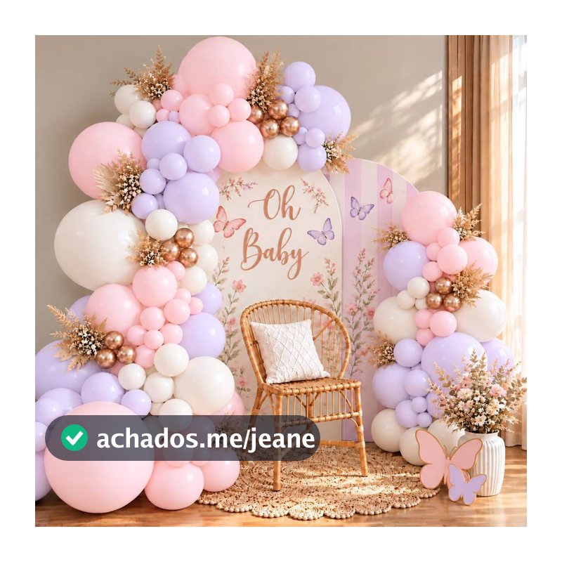 Kit 135/70 Balões Lilás Candy, Rosa Candy, Branco ou Bege e Rosê Cromado Desconstruído Chá de bebê/arco