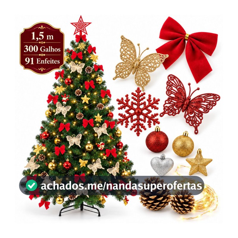 kit Árvore de Natal 1,5m Cheia Decorada 300 Galhos Verde Pé de Ferro 150cm Premium Pisca Led Laço Quente