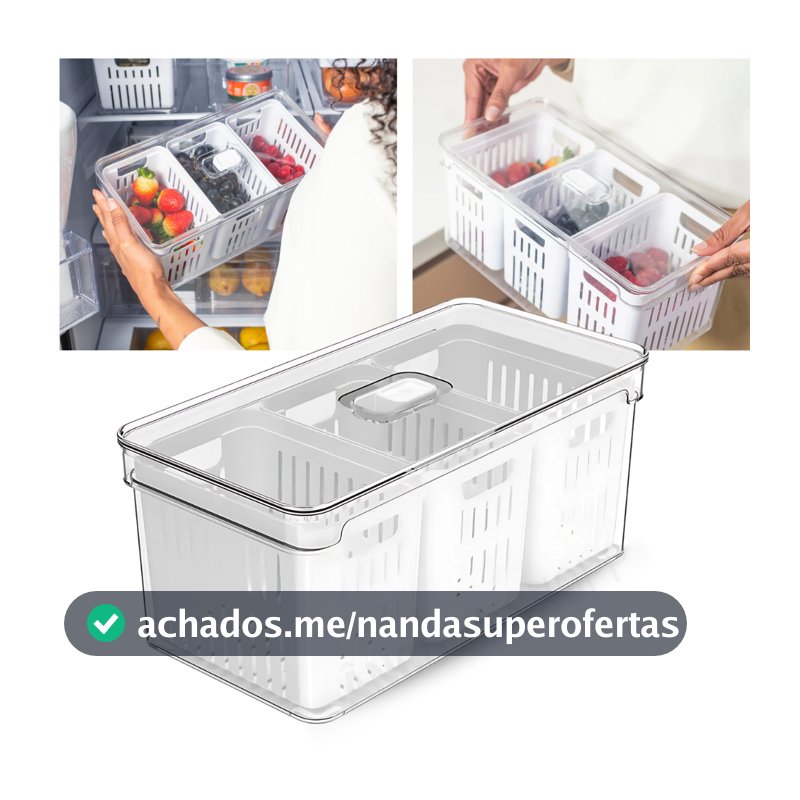 Organizador de Geladeira 5L com 3 Cestos Ou Natural Tampa Porta Frutas Legumes Vegetais Clear Fresh