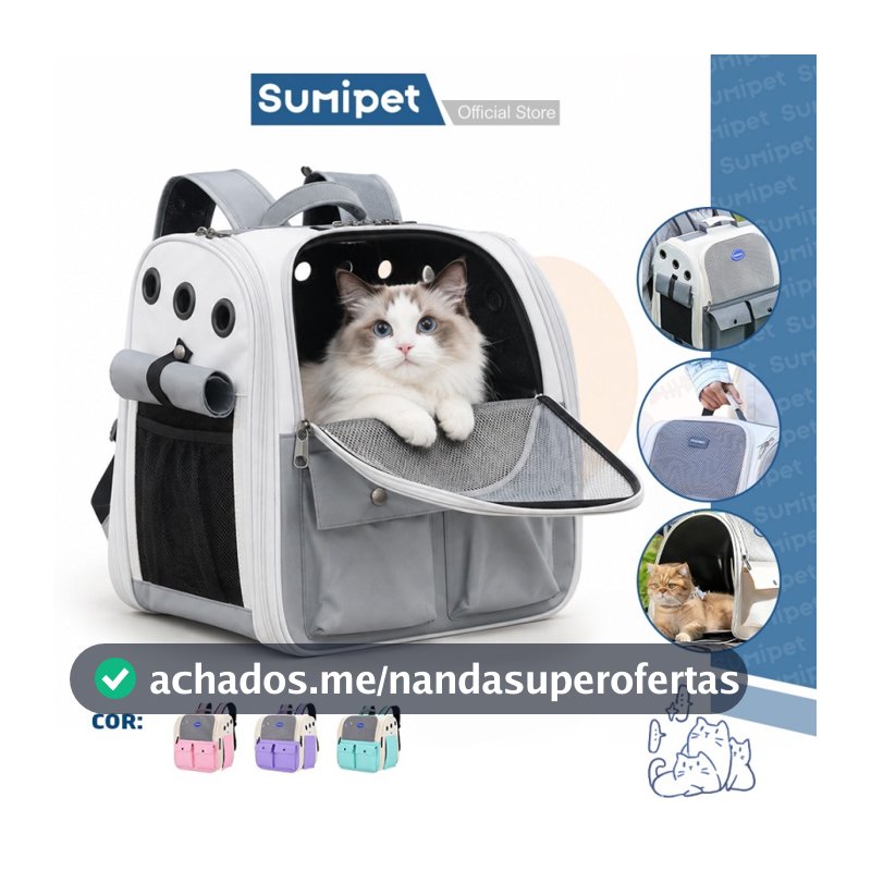 Mochila Transportadora Pet para Gato e Cachorro Até 10kg Respirável Dobrável para Viagem